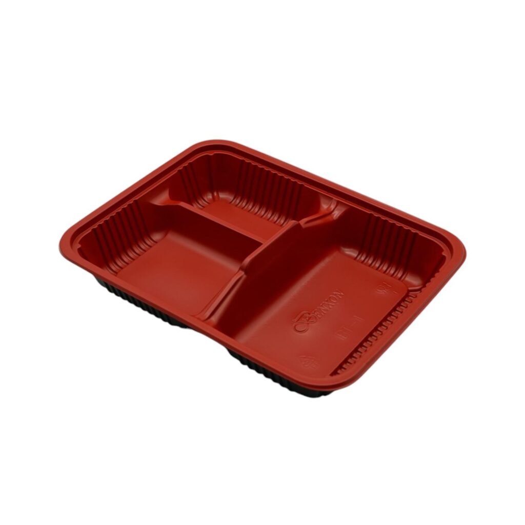 Benxon BT-1 red and black 3-compartment bento lunch box packaging, ideal for takeaway meals and food delivery.