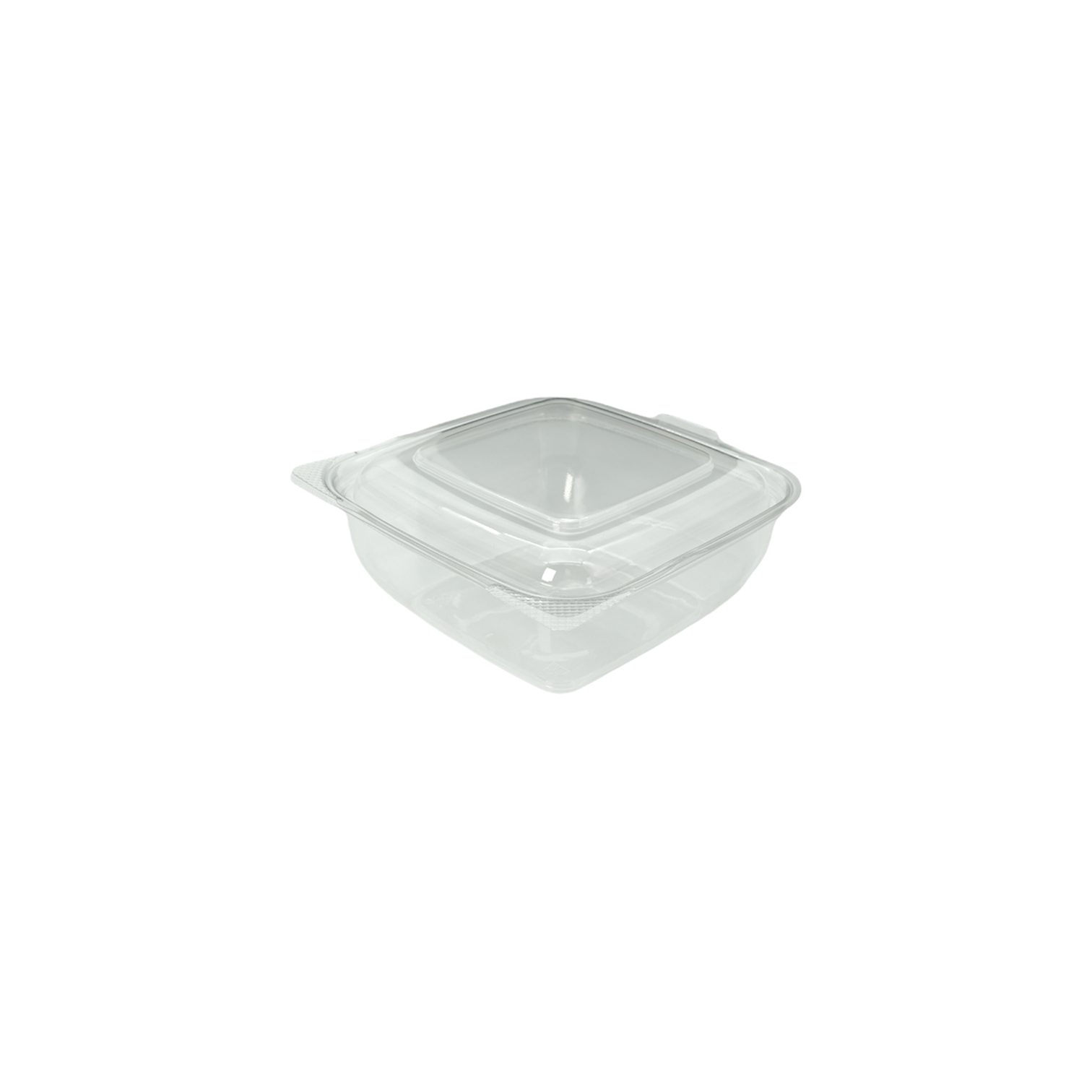 Empty clear plastic sho bowl food container with a hinged lid, on a white background.