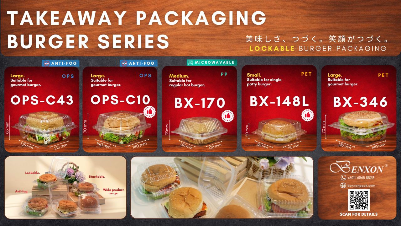Lockable burger container with clear lid for food presentation
